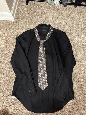 Calvin Klein Black Dress Shirt with Geometric Gray Tie